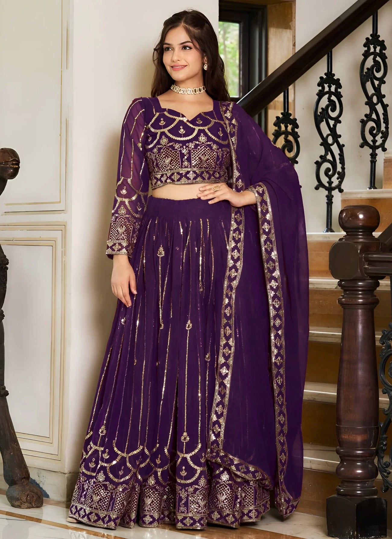 Embroidered, Embellished Semi Stitched Lehenga Choli (Purple)