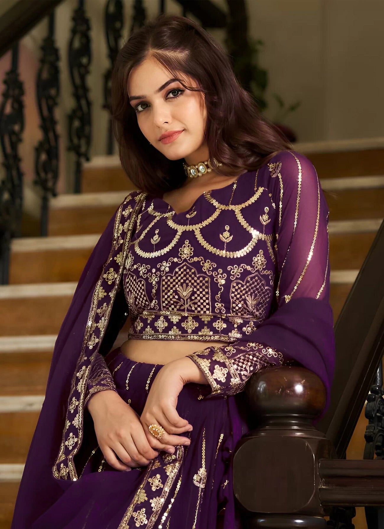 Embroidered, Embellished Semi Stitched Lehenga Choli (Purple)