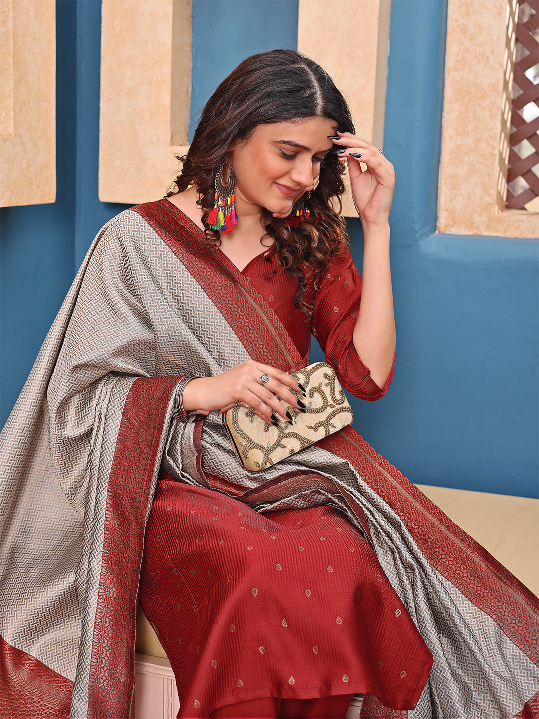 Women Jacquard Kurta Pant Dupatta Set