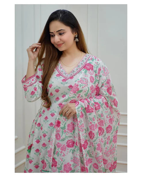 Block Printed A-Line Kurta and Pant Set with Dupatta