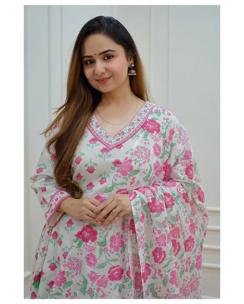 Block Printed A-Line Kurta and Pant Set with Dupatta