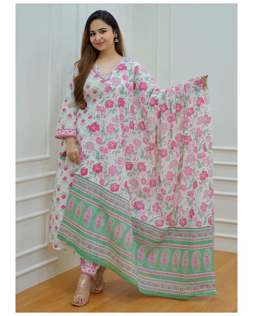 Block Printed A-Line Kurta and Pant Set with Dupatta