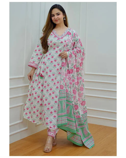 Block Printed A-Line Kurta and Pant Set with Dupatta