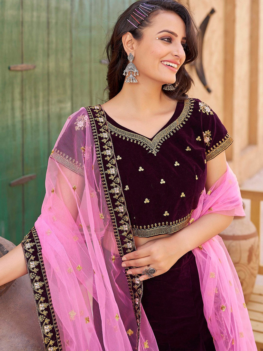 Embroidered Semi Stitched Lehenga Choli Dupatta Set