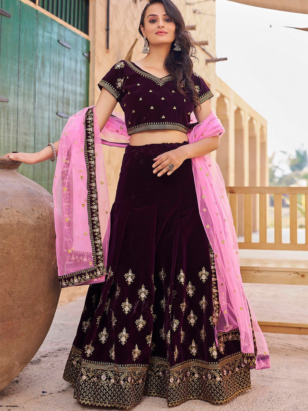 Embroidered Semi Stitched Lehenga Choli Dupatta Set