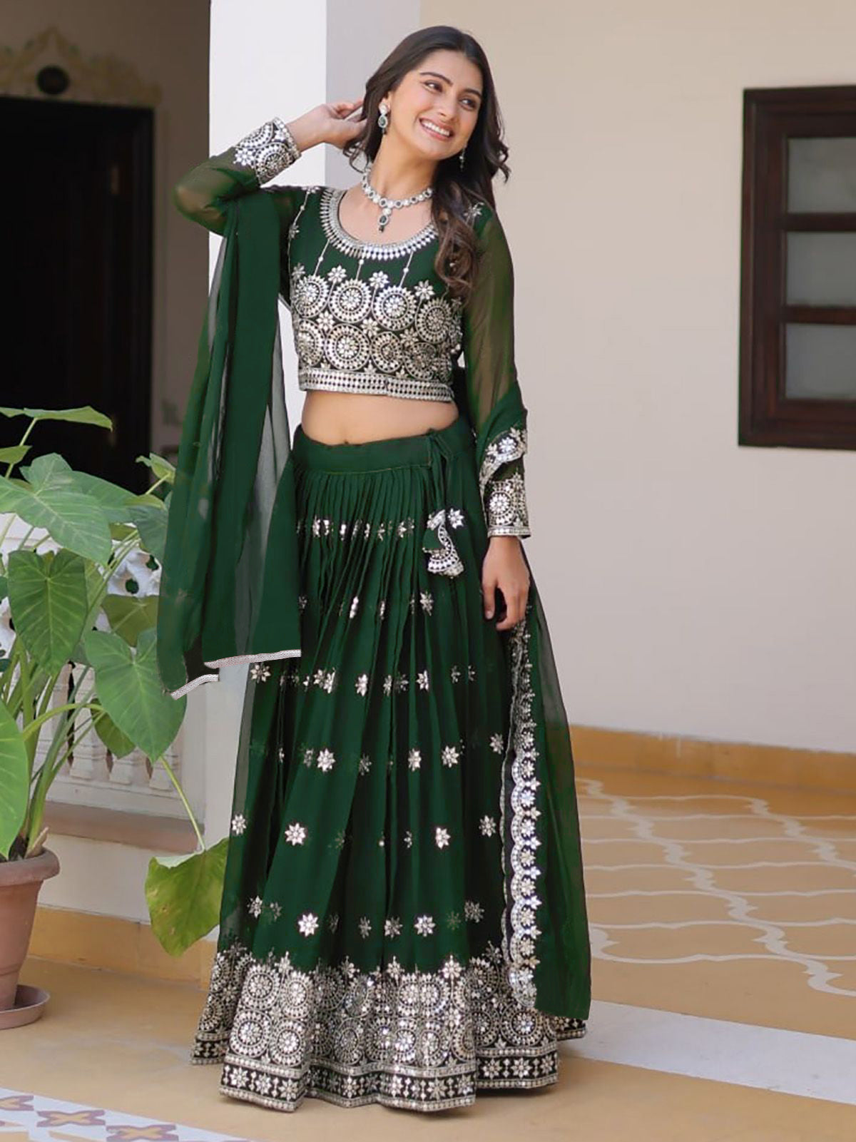 Embllished Semi Stitched Lehenga Choli (Green)