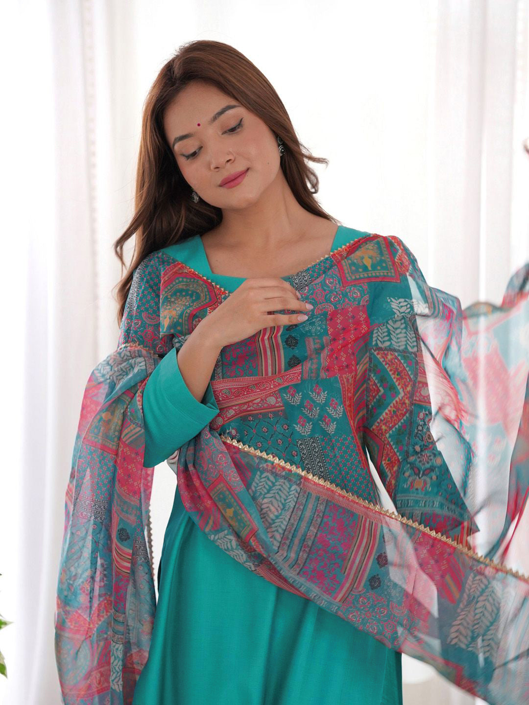Women Roman Silk Kurta Pant Dupatta Set
