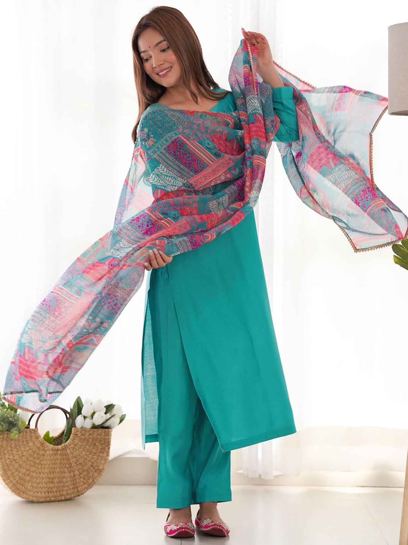 Women Roman Silk Kurta Pant Dupatta Set