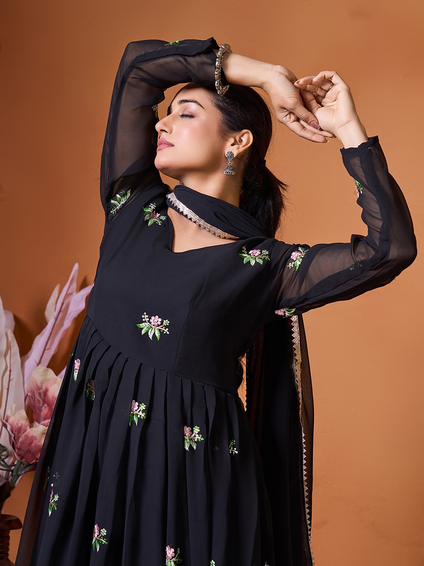 Embroidered Georgette Stitched Anarkali Gown With Dupatta