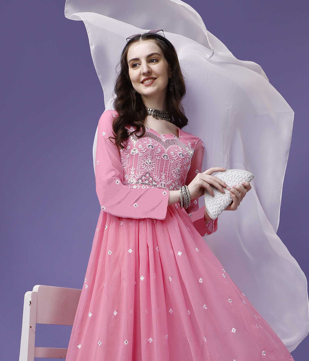 Embroidered Georgette Stitched Anarkali Gown With Dupatta