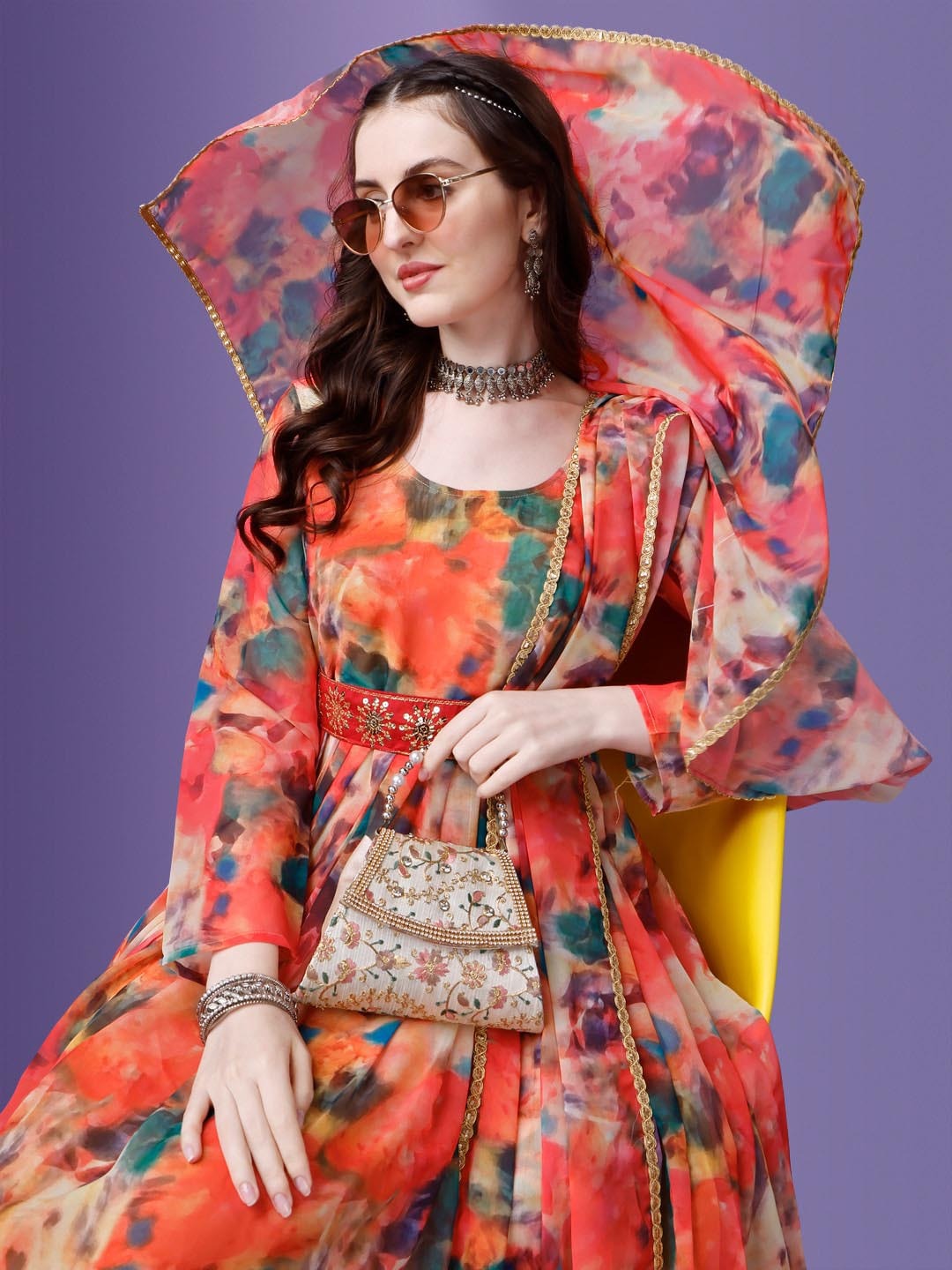 Printed Georgette Stitched Anarkali Gown With Dupatta