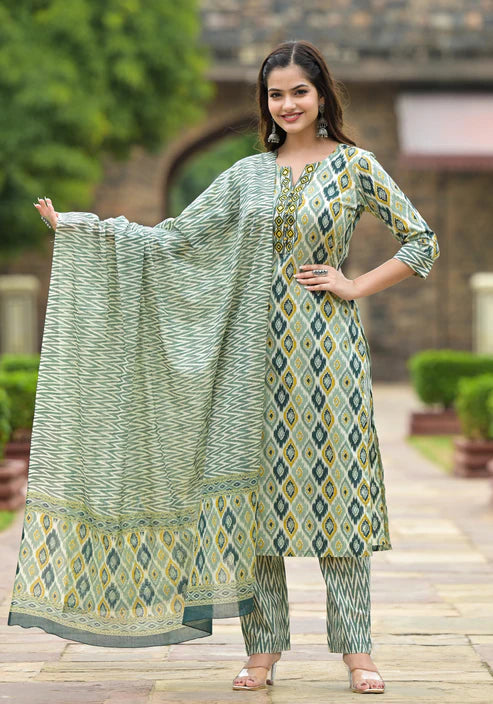 Printed Straight Kurta and Pant set with Dupatta