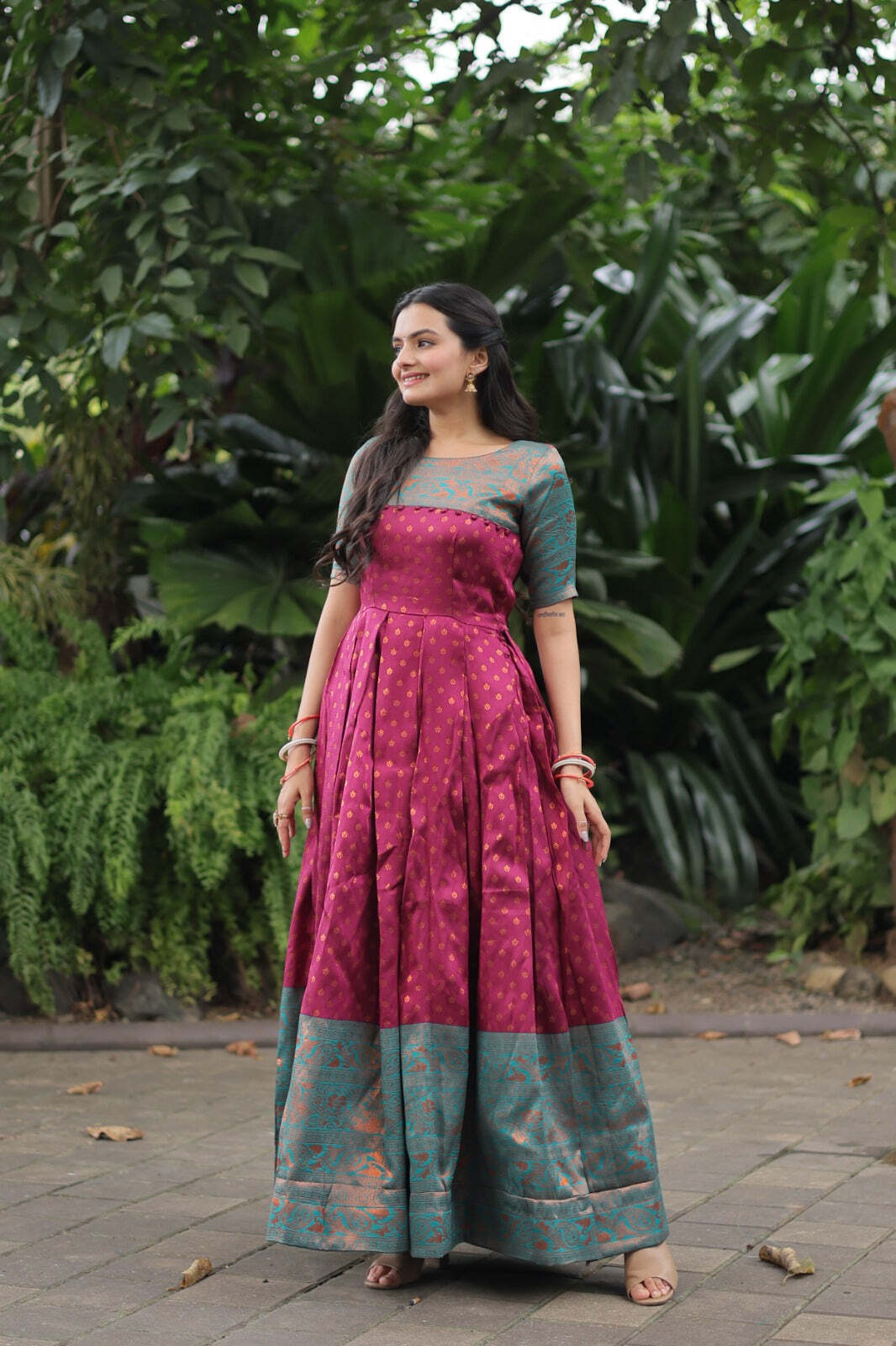 Women Woven Jacquard Stitched Anarkali Gown