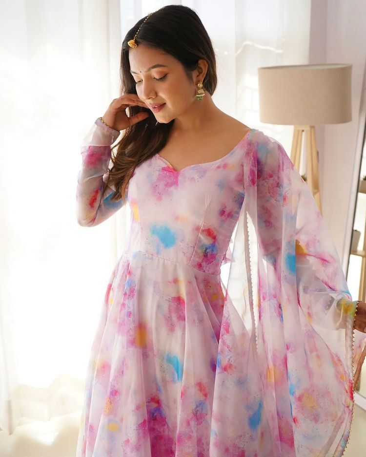 Printed Georgette Stitched Anarkali Gown With Dupatta