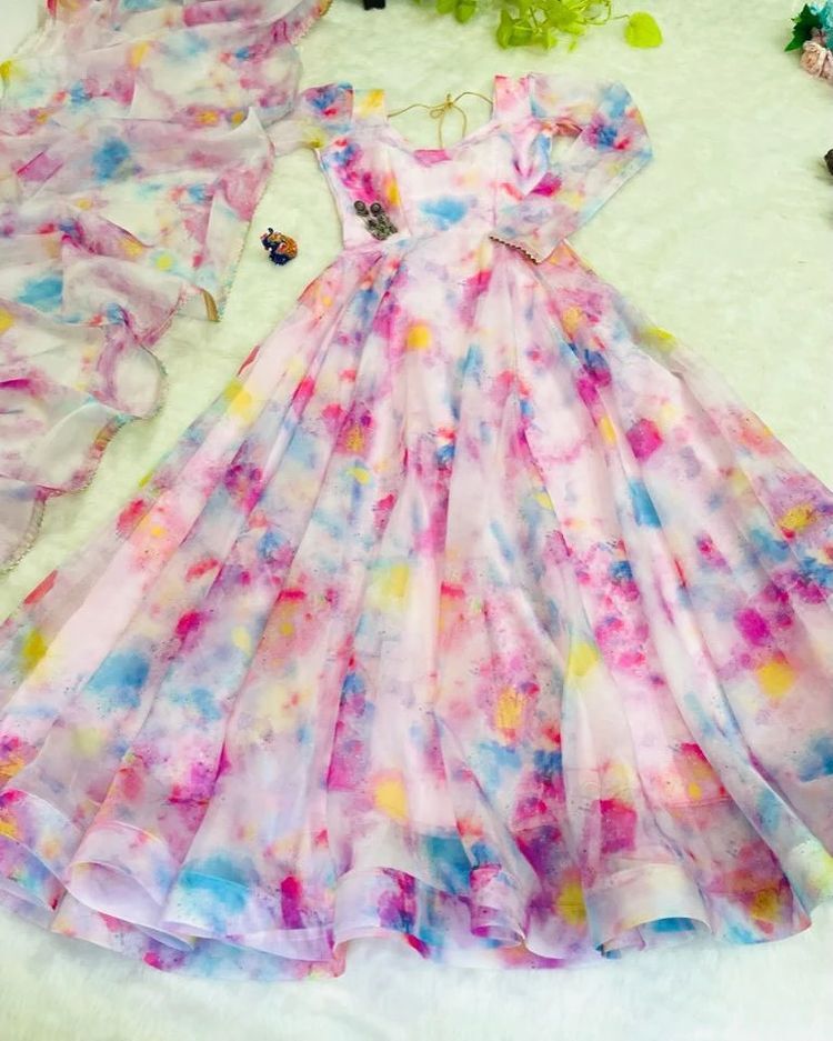 Printed Georgette Stitched Anarkali Gown With Dupatta
