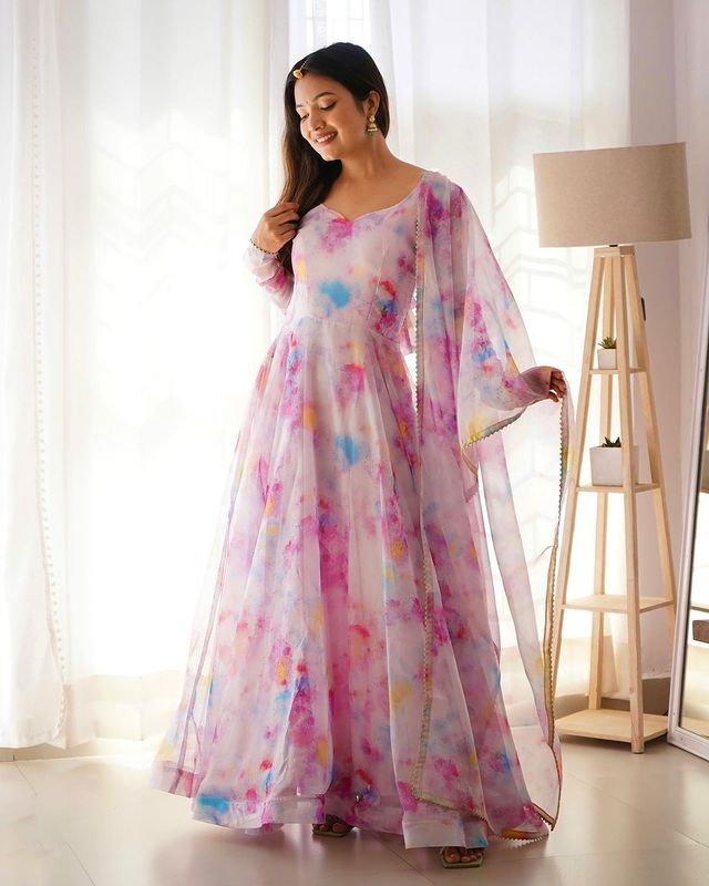 Printed Georgette Stitched Anarkali Gown With Dupatta