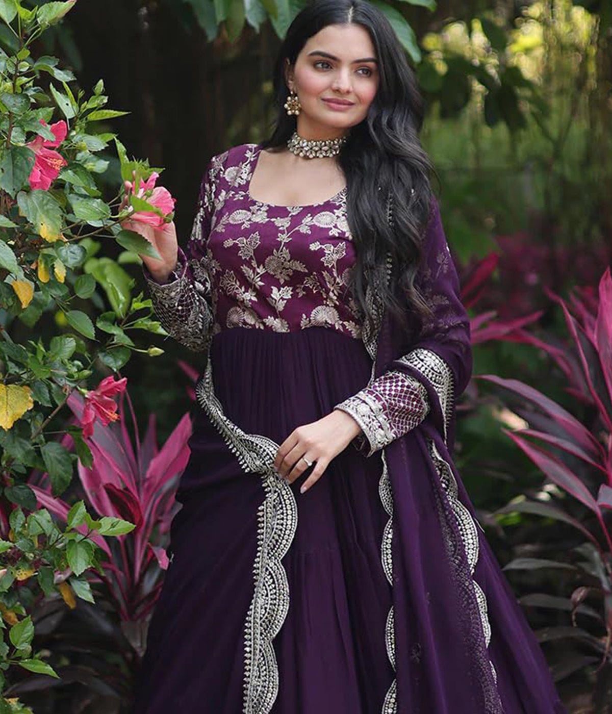 Woven Embroidered Georgette Art Silk Stitched Anarkali Gown