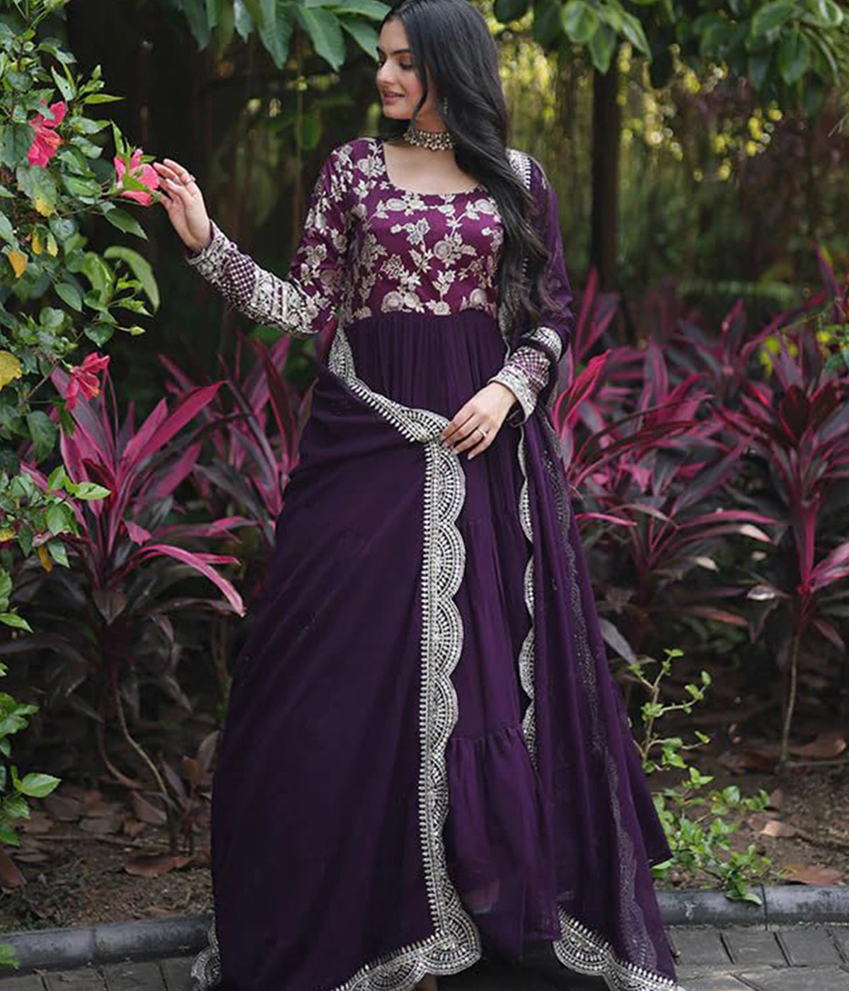 Woven Embroidered Georgette Art Silk Stitched Anarkali Gown