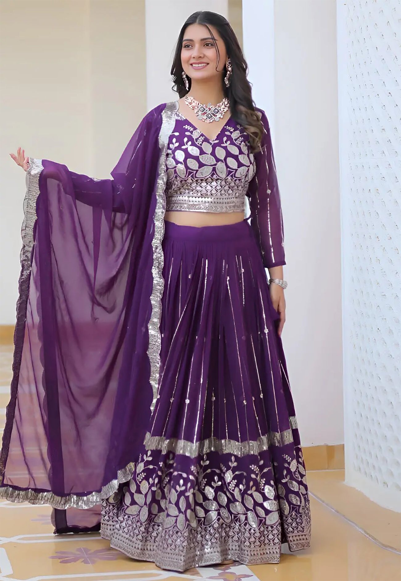 Embroidered, Embellished Semi Stitched Lehenga Choli (Purple)