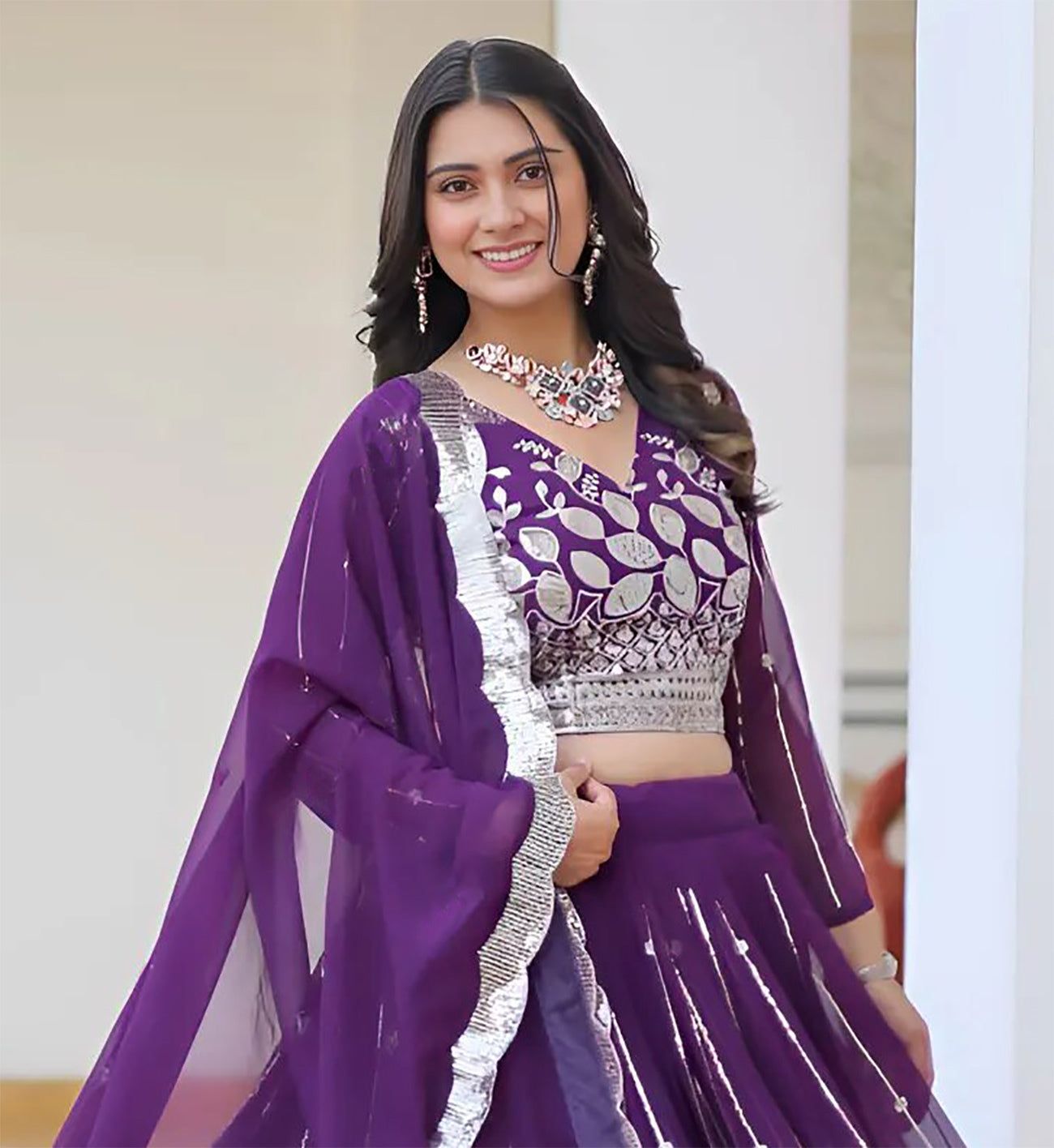 Embroidered, Embellished Semi Stitched Lehenga Choli (Purple)