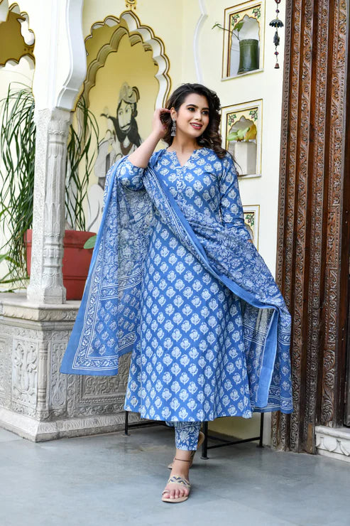 Women Block A-Line Printed Kurta and Pant Set with Dupatta