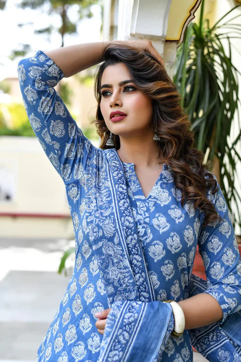 Women Block A-Line Printed Kurta and Pant Set with Dupatta