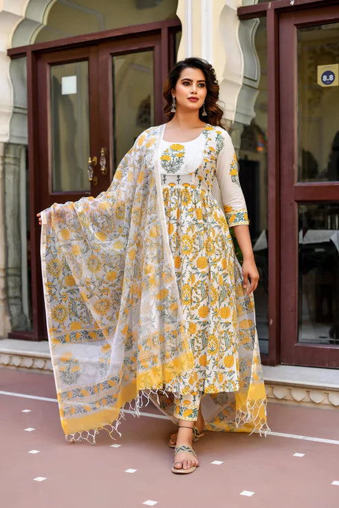 Block Printed A-Line Kurta with pant and Dupatta Set