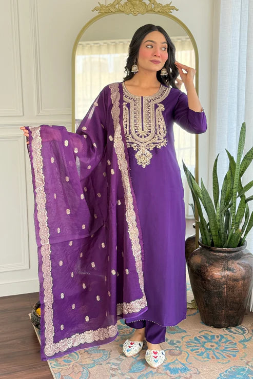 Embroidery Kurta Set – Ethnic Festive Wear (Kurta + Pants + Dupatta)