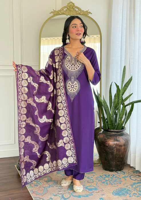Elegant Solid Embroidered Kurta Set for Women – Festive Wear with Dupatta
