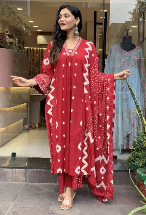 Printed A-Line Red Kurta and Pant Set With Dupatta