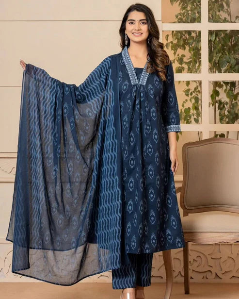 A-Line Blue Kurta And Pant Set With Dupatta