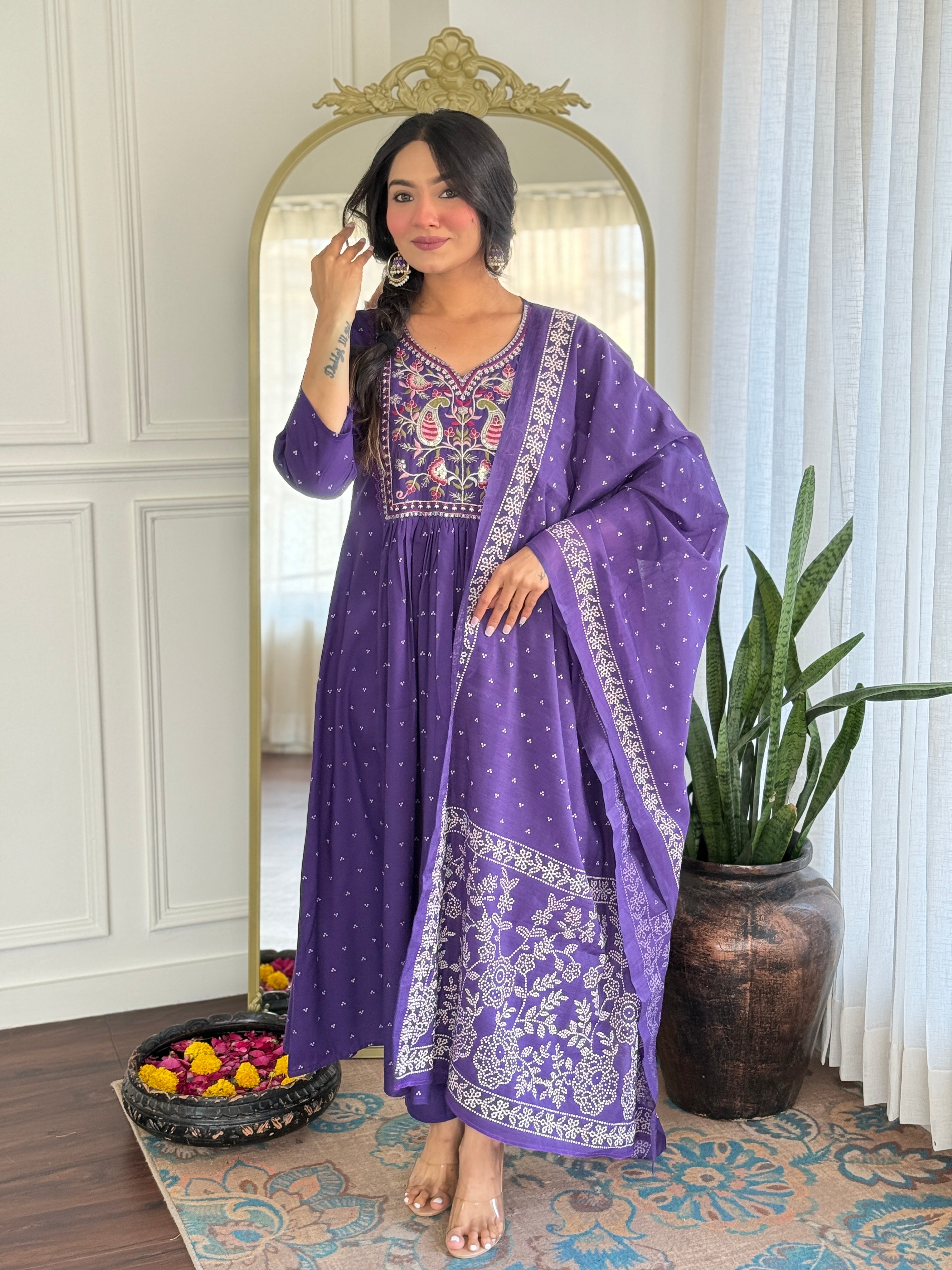 Anarkali Embroider Silk Kurta and Pant Set with Dupatta