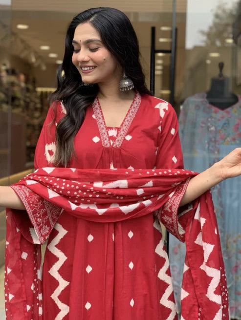 Printed A-Line Red Kurta and Pant Set With Dupatta
