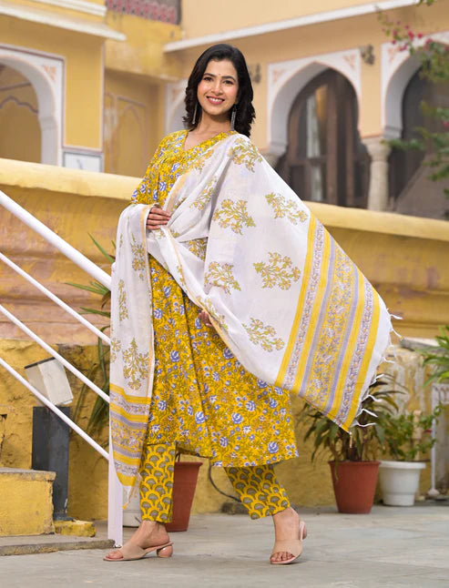 Floral Printed Flared A-Line Kurta and Pant set with Dupatta