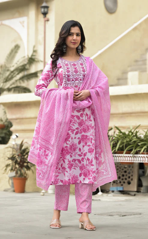 Embroidered Straight Kurta and Pant set with Dupatta