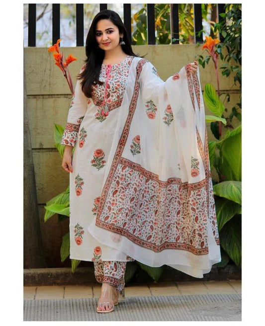 Ethnic Set Women Block Printed Kurta and Pant Set with Dupatta