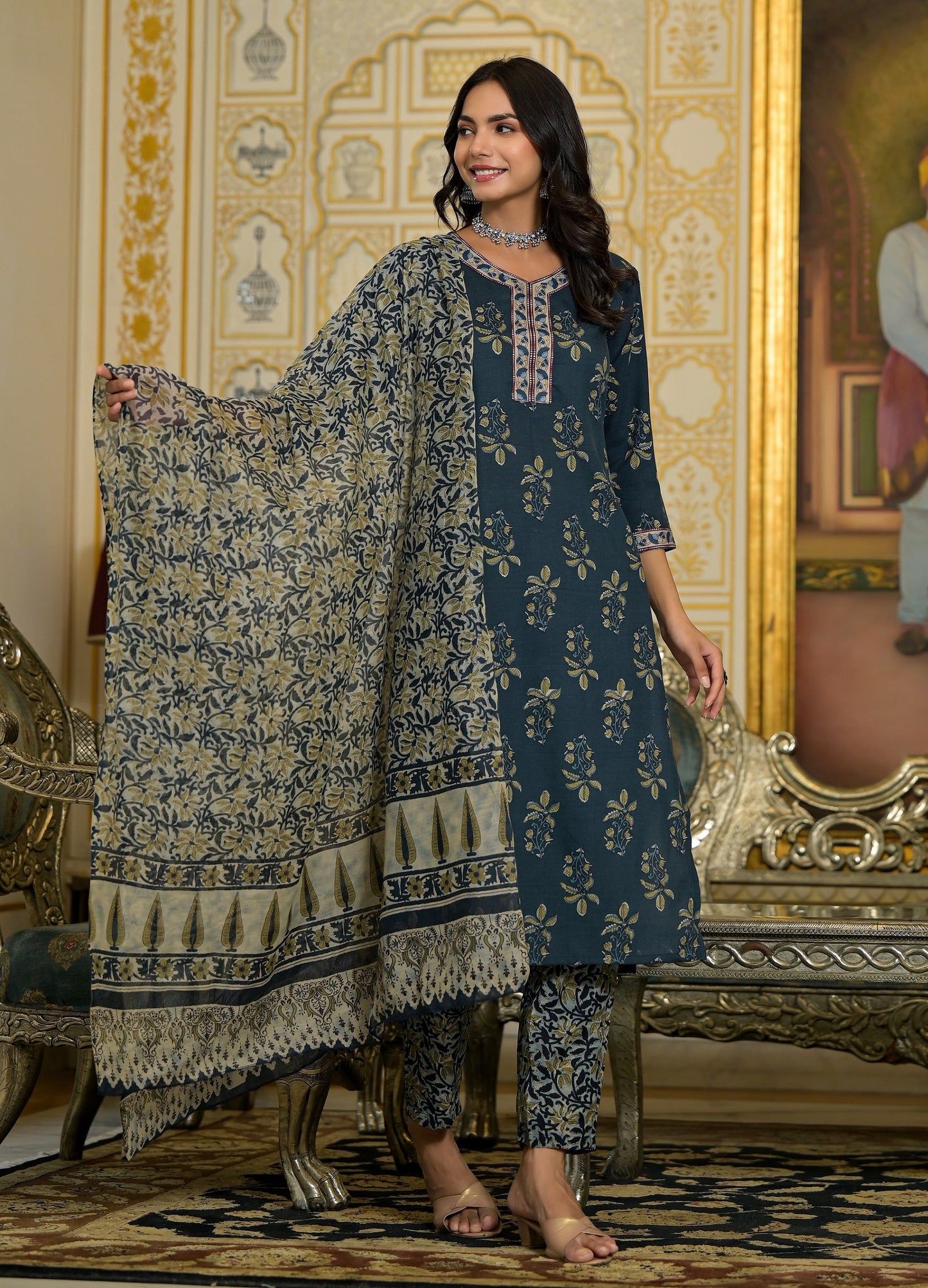 Women Navy Blue Embroidery Viscose Rayon Kurta, Pant And Dupatta Set