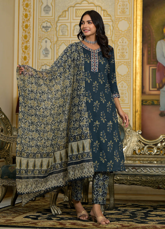 Women Navy Blue Embroidery Viscose Rayon Kurta, Pant And Dupatta Set