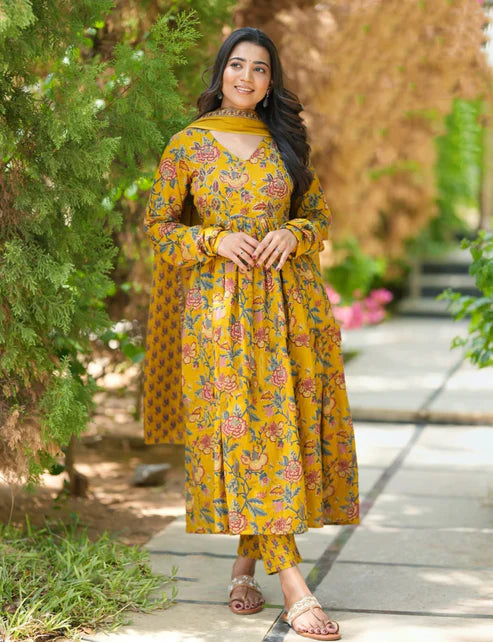 Printed Floral Anarkali Yellow Kurta and Pant Set With Dupatta