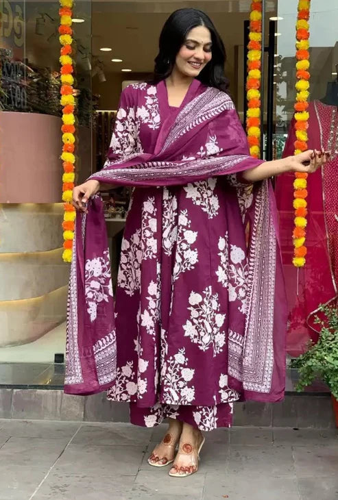 Printed A-Line Purple Kurta and Pant Set With Dupatta