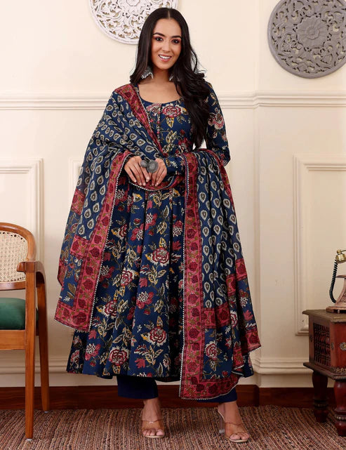 Printed Anarkali Blue Kurta and Pant Set With Dupatta