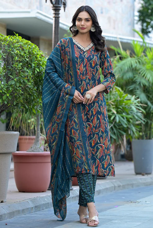 Embroidery A-Line Kurta and Pant set with Dupatta