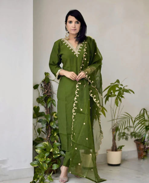 Embroidered Straight Kurta And Pant Set With Dupatta