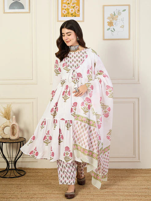 Printed Anarkali White Kurta and Pant Set With Dupatta