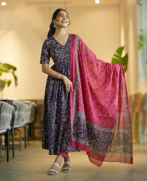 Women Floral Anarkali Printed Kurta and Pant Set With Dupatta