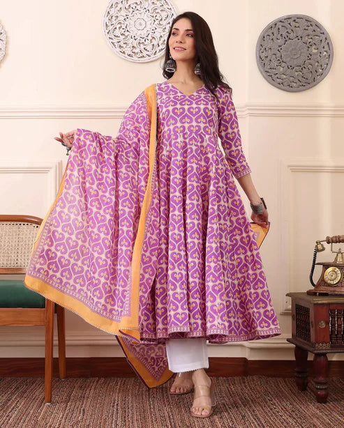 Printed Anarkali Kurta and Pant Set With Dupatta