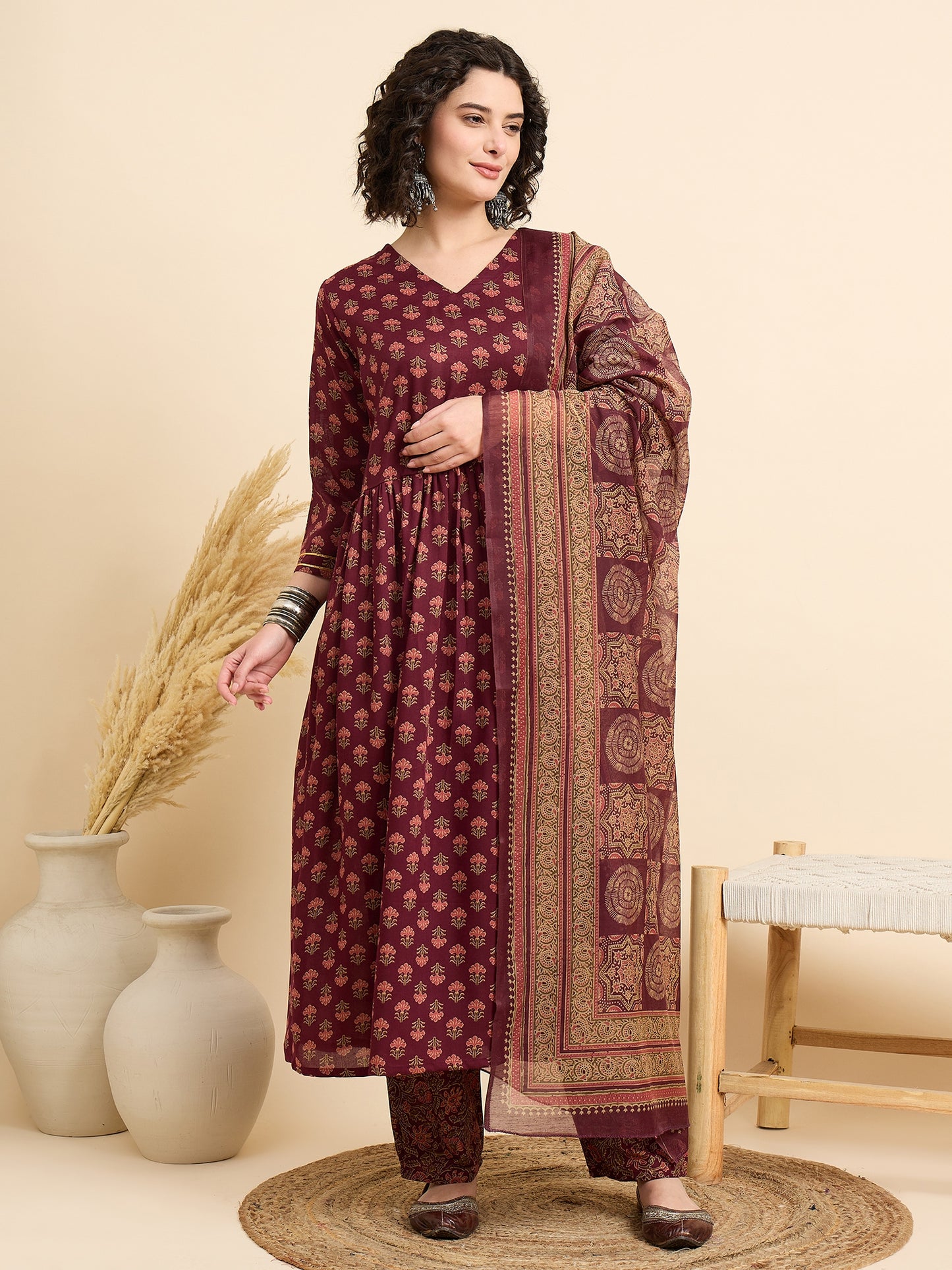 Women Viscose Maroon Anarkali Kurta And Pant Set With Dupatta