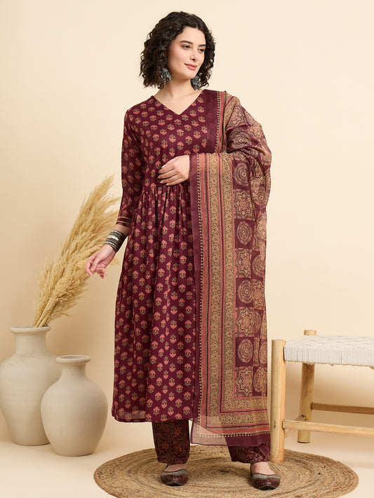 Women Viscose Maroon Anarkali Kurta And Pant Set With Dupatta