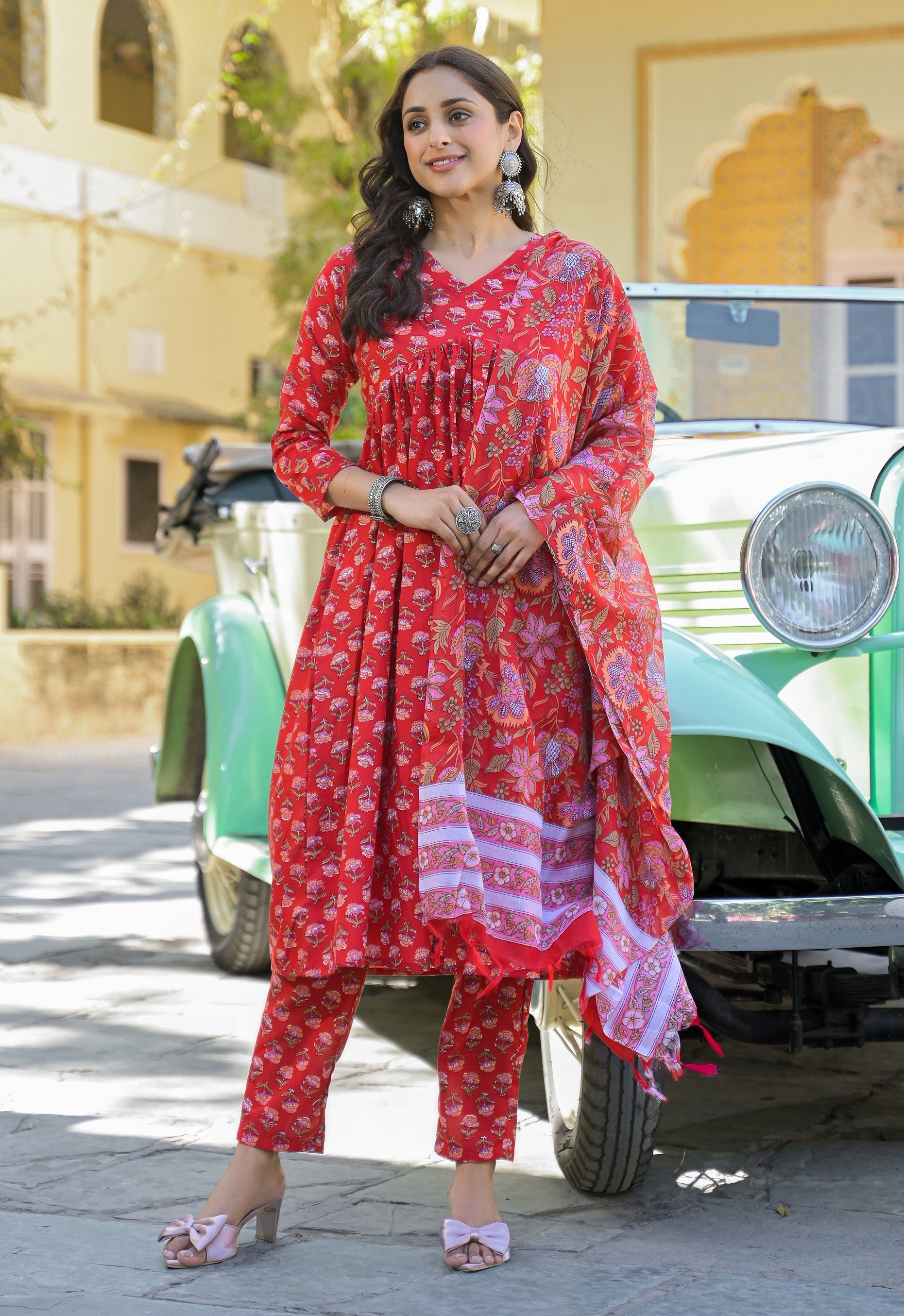 Women Viscose Red Anarkali Kurta And Pant Set With Dupatta