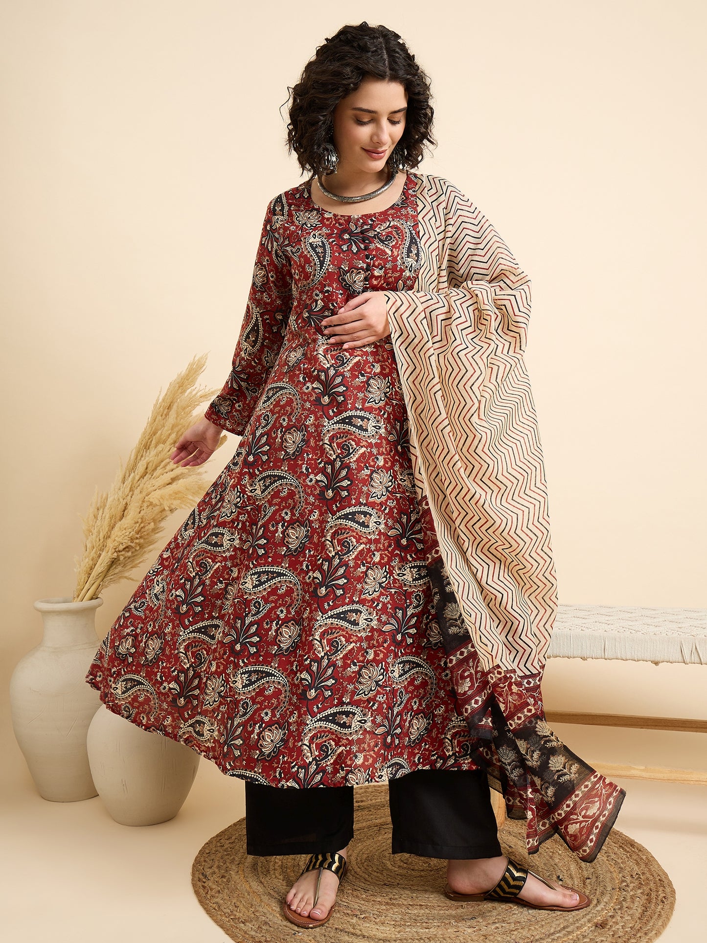 Women Viscose Maroon Anarkali Kurta And Pant Set With Dupatta